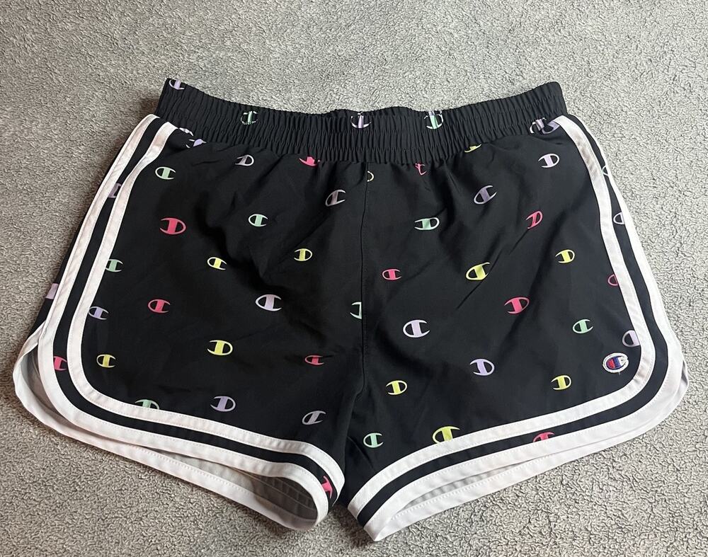 Champion Girls Size L 14/16 Athletic Shorts Black All Over MulticolorLogo Lined